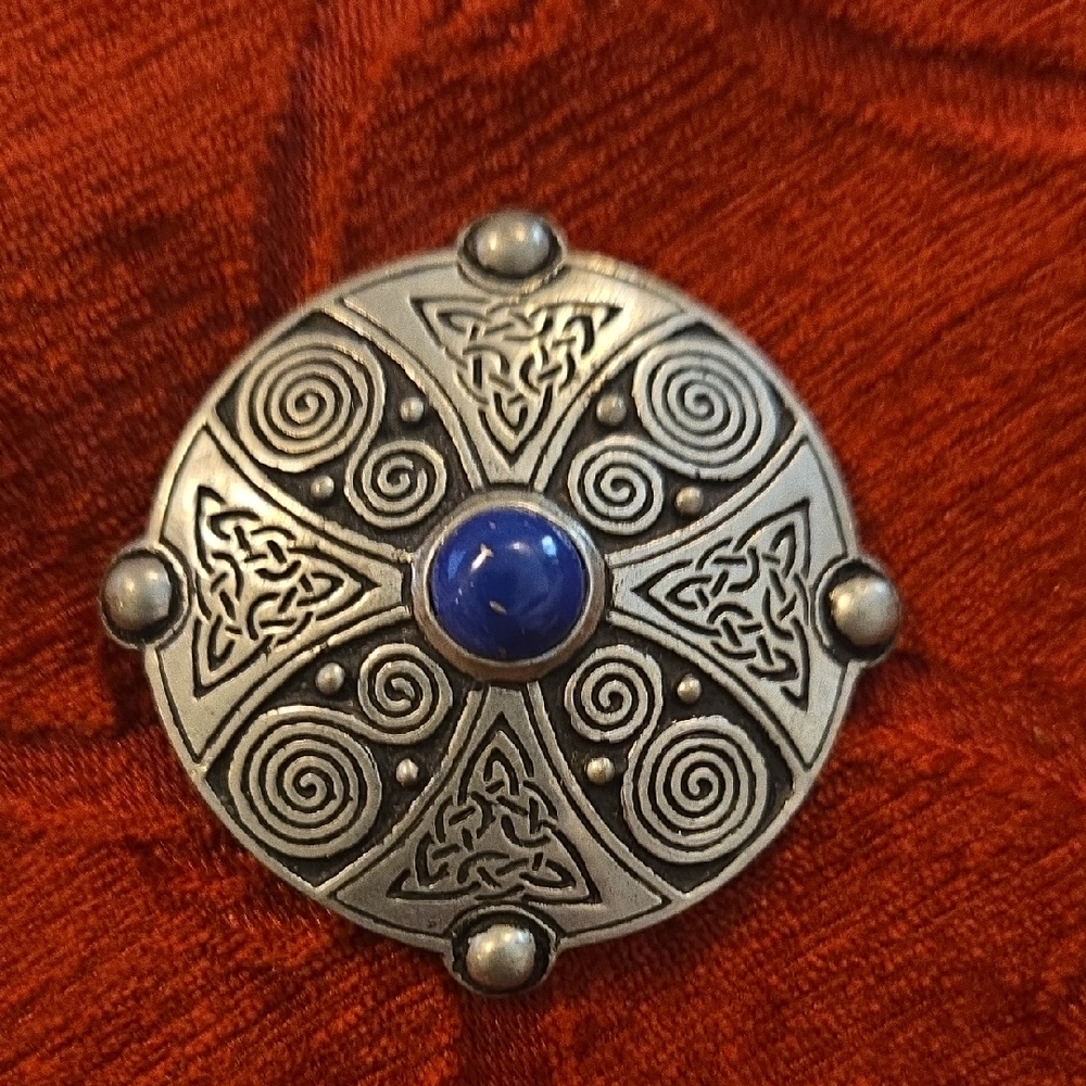 Vintage Pewter And Lapis Brooch